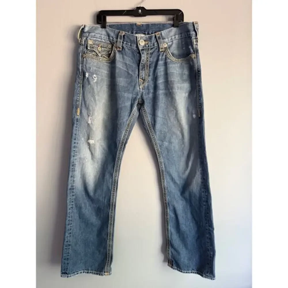 VTG True Religion Ricky Straight Jeans 38 Medium Wash Distressed Y2K Made in USA